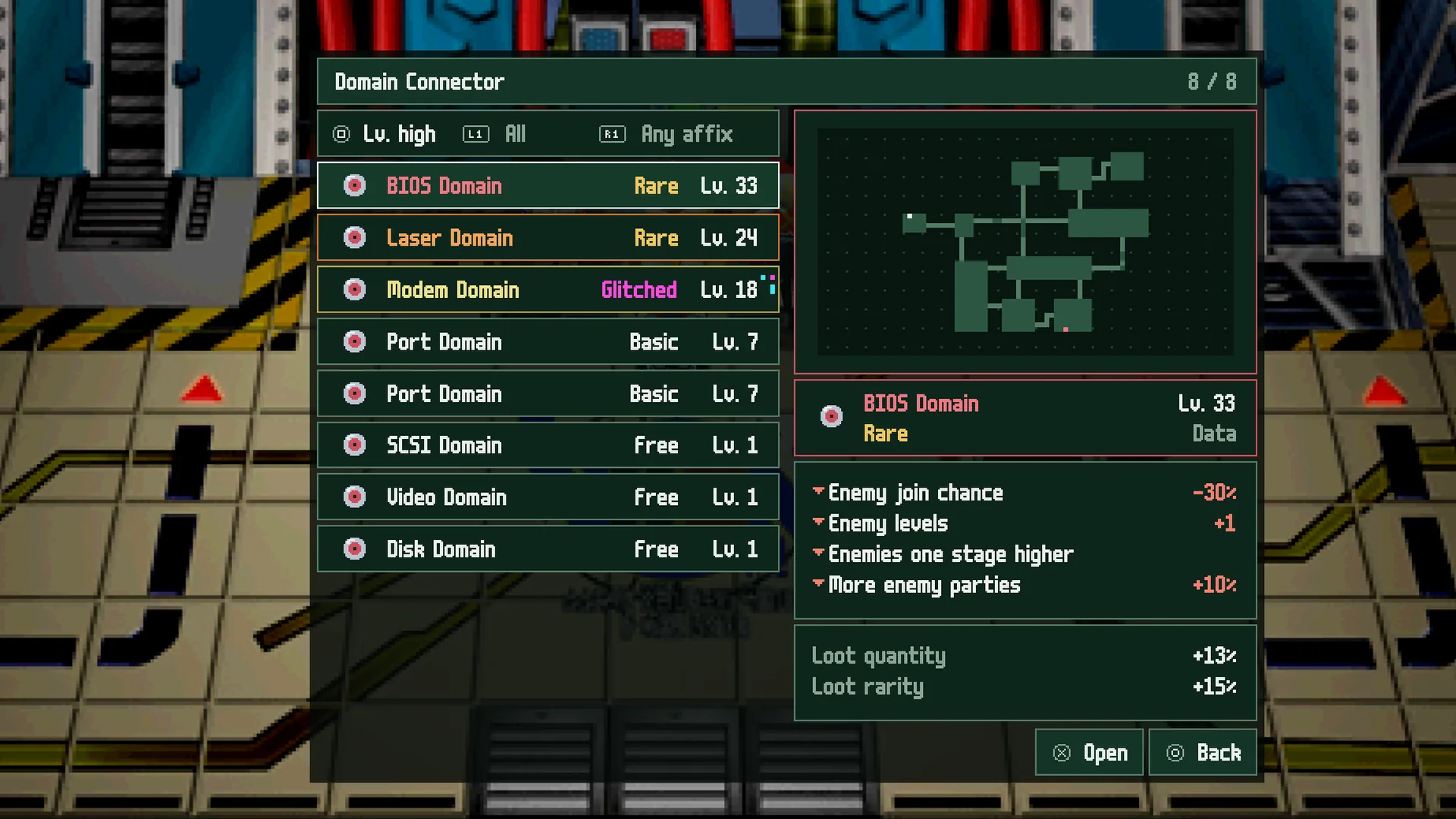 The Domain Connector window over the Main Gate: a list of domain items with rarity and level, a floor radar, and the affixes of the selected BIOS Domain
