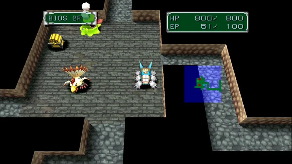 A generated domain floor with a chest and an enemy party