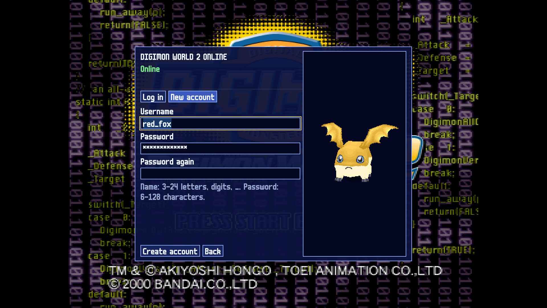 Log in and new account panel